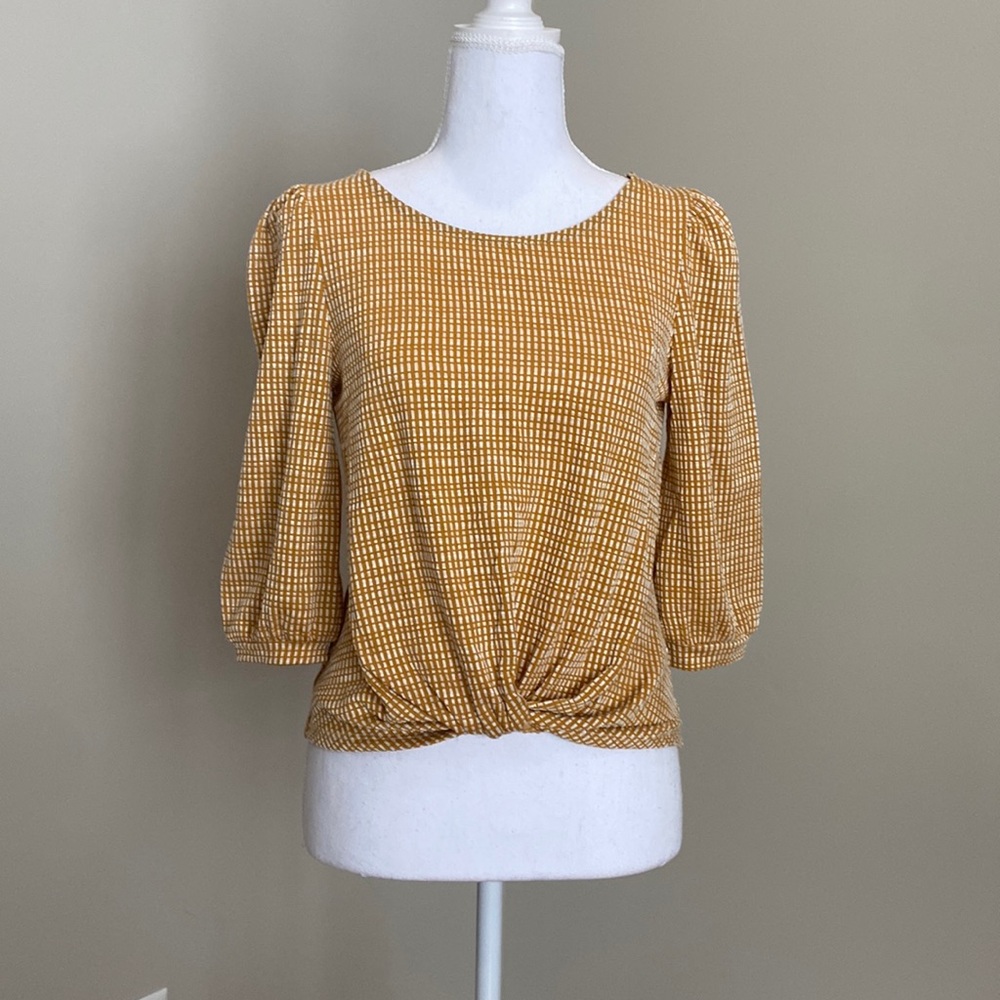 White & Mustard Yellow Top with Pleated Full Sleeves & Twisted Knot Front